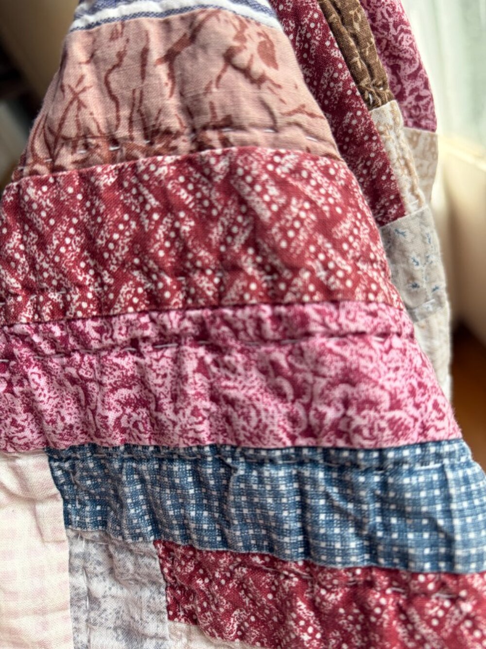 Log Cabin Quilt 85" x 85" Pink Peach Blue Full to Queen Size - Picture 5 of 16